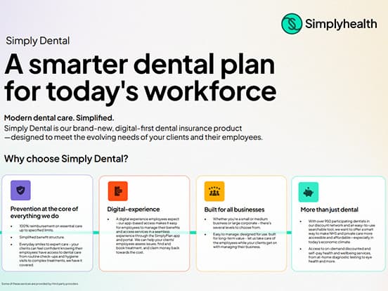 Infographic titled "A smarter dental plan for today's workforce" by Simplyhealth, highlighting digital experience and business benefits.