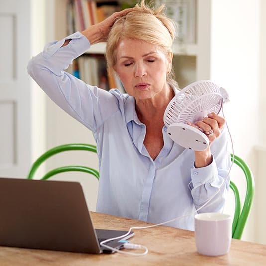 Woman at laptop using a desk fan to cool down