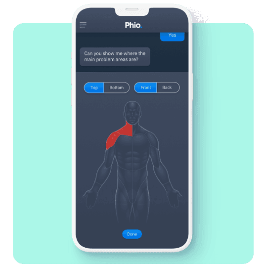 Smartphone with a preview of Phio's digital muscle and joint pain assessment tool